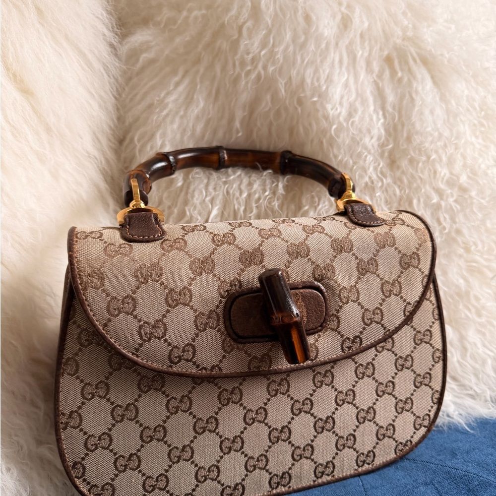 Gucci Beige and Brown Bamboo Handle Bag